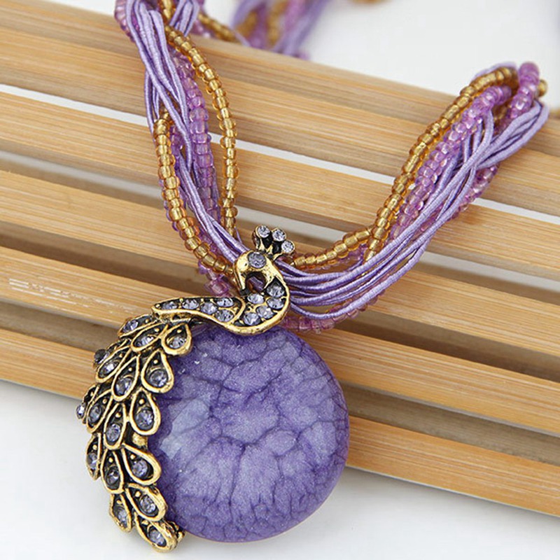 tranquillt Fashion Ethnic Style Resin Stone Beads Pendant Peacock Necklace Retro Bohemian Style Jewelry