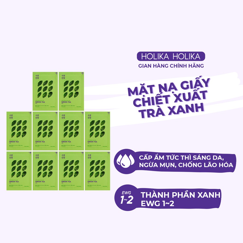 Set 10 mặt nạ giấy Holika Holika chiết xuất trà xanh Pure Essence Mask dưỡng ẩm, chăm sóc da 23ml - 7054