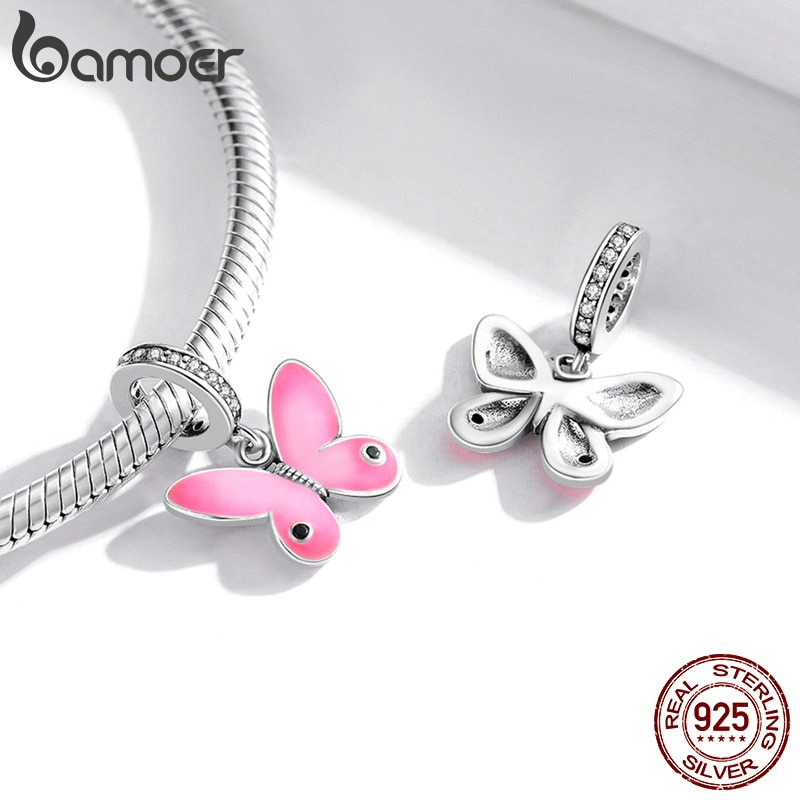 Mặt Dây Charm Hình Bướm Màu Hồng Bamoer Bằng Bạc 925 Nguyên Bản Gắn Vòng Tay Dành Cho Các Cô Gái SCC1728