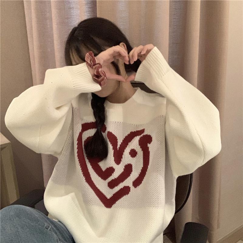 Áo sweater Tay Dài Cổ Tròn In Hình Trái Tim Thời Trang Hàn Quốc