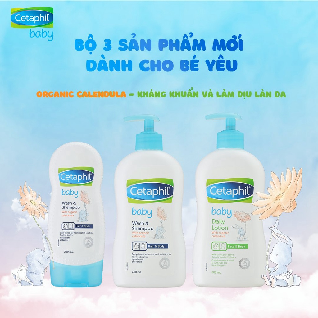 [CHÍNH HÃNG CÓ TEM] CETAPHIL Baby Wash &amp; Shampoo with Organic Calendula 230mL - Sữa Tắm, Gội Toàn Thân Cho Bé.