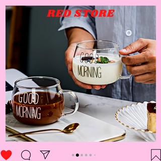 Ly thủy tinh dễ thương chịu nhiệt GOODMORNING 350ml, cốc thủy tinh uống cafe, nước|| RED STORE-YÊU BẾP