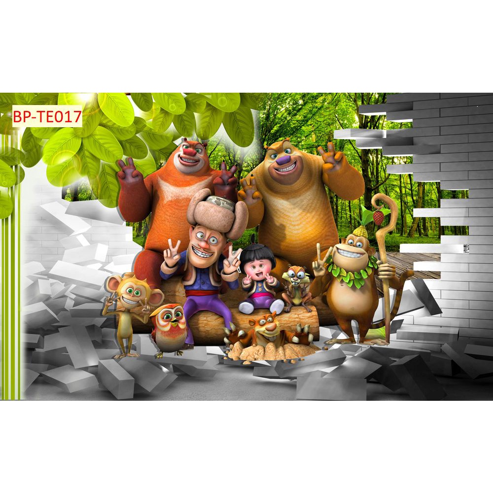 Tranh Dán Tường Phòng Trẻ Em Hoạt Hình Ngộ Nghĩnh động vật trong rừng sâu 3D