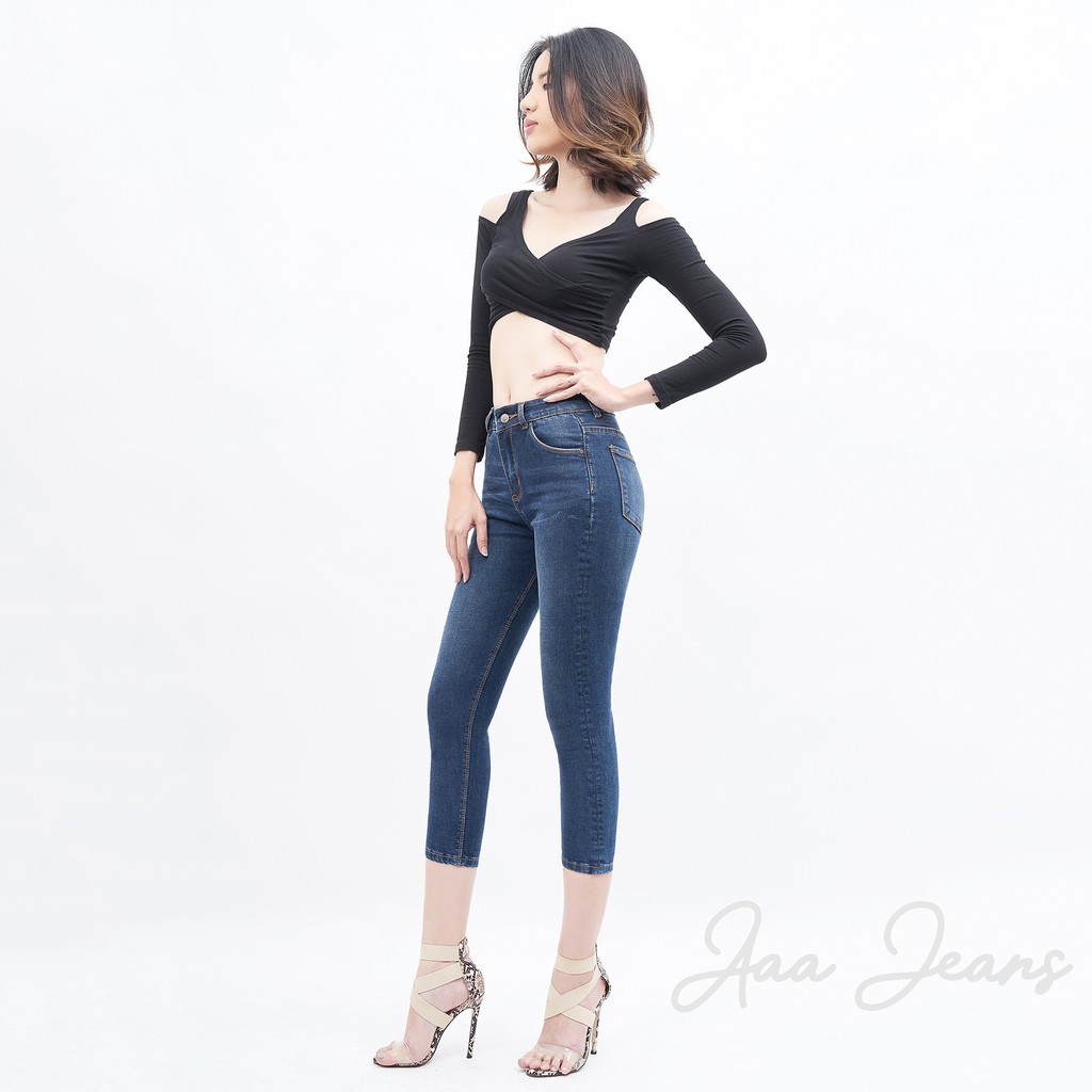 Quần Bò Lửng Nữ Aaa Jeans Dáng Skinny Lưng Cao Xanh Đậm