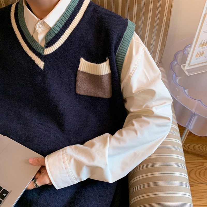 Áo len không tay cổ chữ V họa tiết kẻ sọc thời trang sành điệu cho nam