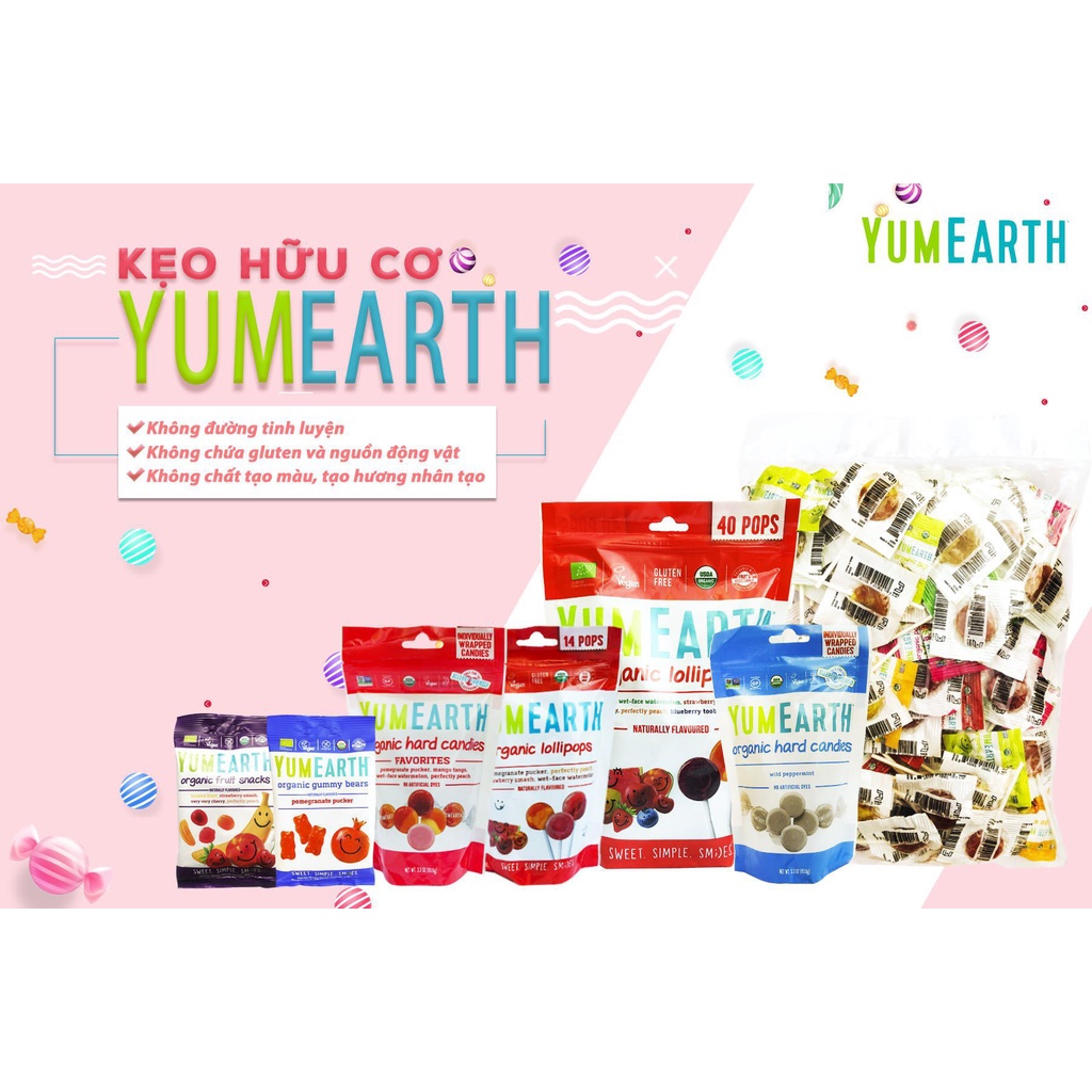 Kẹo hữu cơ Kẹo organic Kẹo mút Kẹo dẻo cho bé Yumearth vị trái cây nhiều loại (mẫu mới)