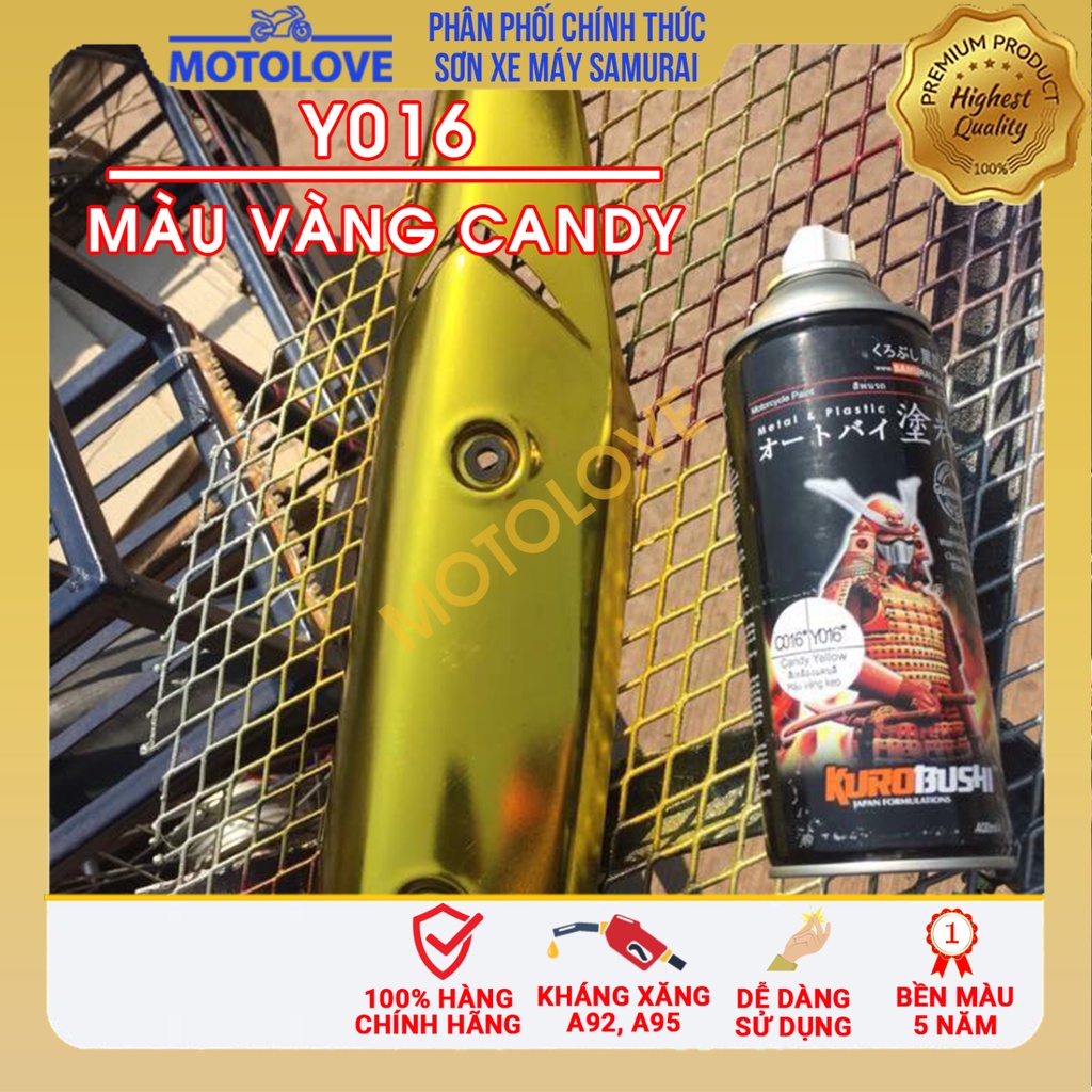 Sơn xịt Samurai màu Vàng Candy - Y016 (400 ml) nhập khẩu từ Malaysia.