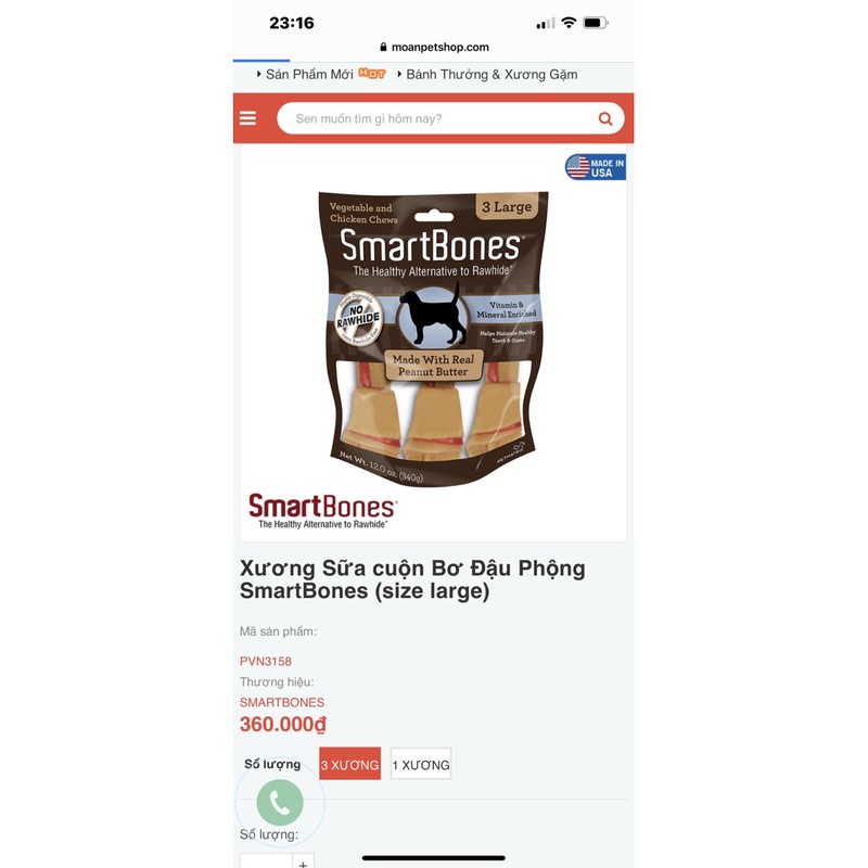 Xương gặm SmartBones size lớn 3 cây