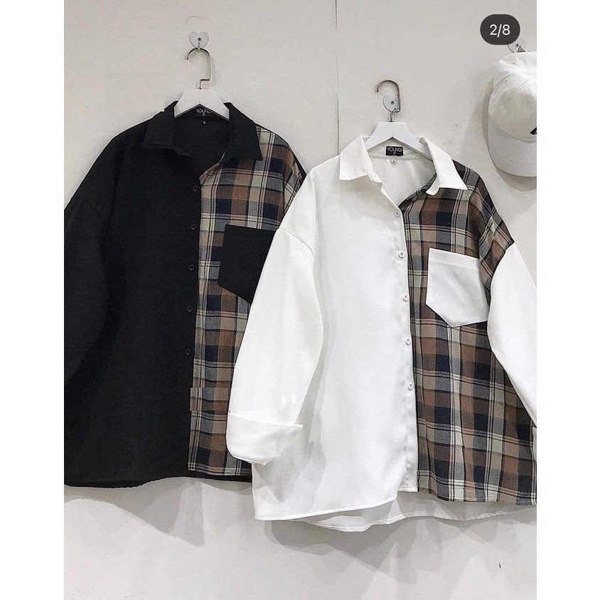 Áo Sơ Mi Phối Caro Kẻ Nâu PEONYB Nữ [FREESHIP]  Thun dài tay form rộng phong cách đường phố vintage cá tính Ulzzang
