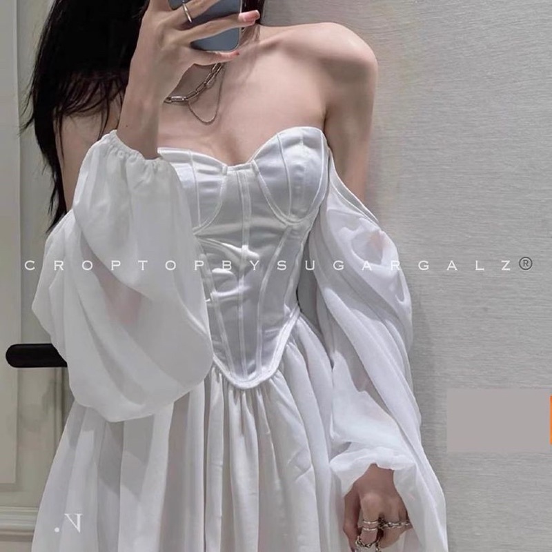 Váy đầm cúp ngực chất lụa Hàn dáng corset nẹp thân tay voan bồng tiểu thư - by SGGz