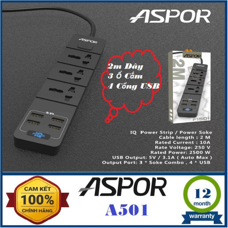 Ổ cắm điện, Ổ Cắm điện thông minh Aspor A501EU Hỗ trợ sạc nhanh 3.1A Với 4 Cổng USB -Tiêu Chuẩn EU Dây dài 2M