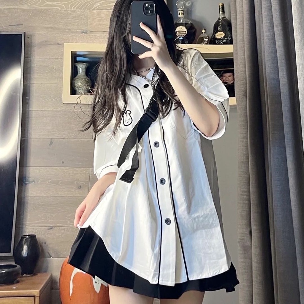 Bộ Đồng Phục Áo Sơ Mi Tay Ngắn Dáng Rộng In Hoạt Hình + Chân Váy Xếp Ly Lưng Cao Dễ Phối Đồ Thời Trang Mùa Hè Nhật Bản