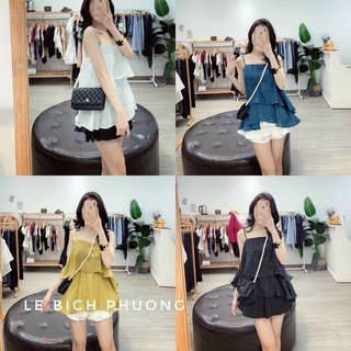 Set áo lụa hai dây-quần đùi hai màu xanh đỏ-hàng lụa cao cấp dày dặn