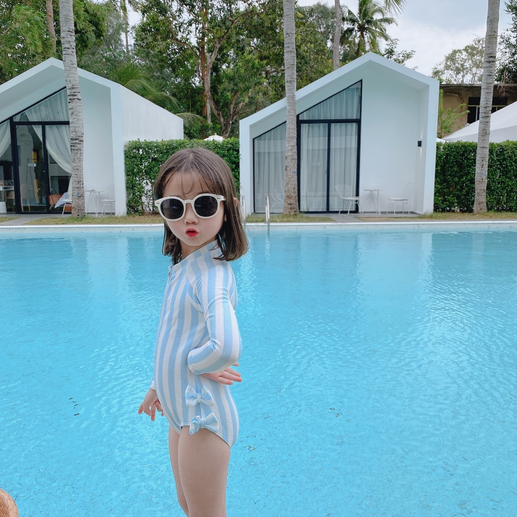 Bộ Đồ Bơi Một Mảnh Phối Khóa Kéo Màu Xanh Và Trắng Dành Cho Nữ