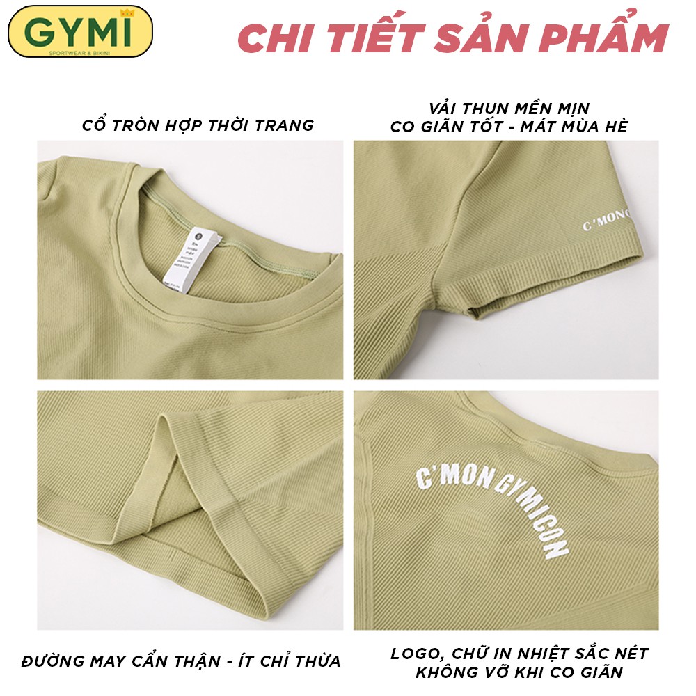 Áo tập gym yoga nữ GYMI AC12 dáng croptop ngắn tay ôm body chất dệt co giãn logo in lưng phù hợp tập thể thao