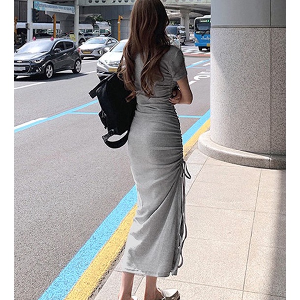 Đầm nữ dáng dài xẻ một bên, đầm thun ôm body xẻ đùi có dây rút.