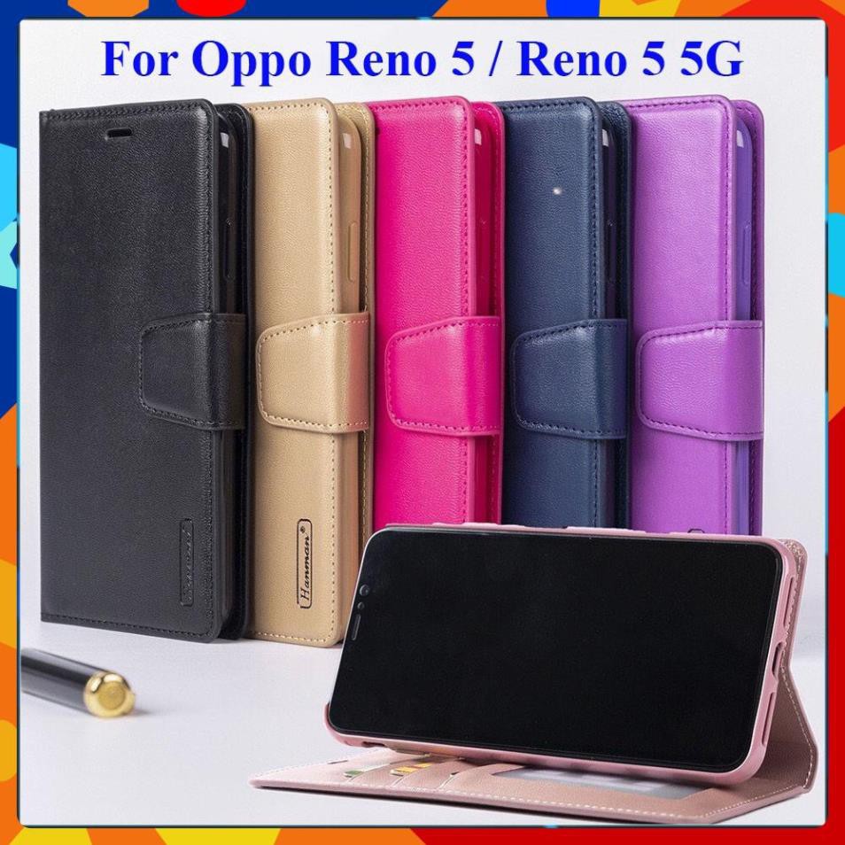 Bao da dạng ví Oppo Reno 5 / Oppo Reno 5 5G  hiệu Hanman cao cấp, ngăn đựng thẻ ATM tiền tiện lợi