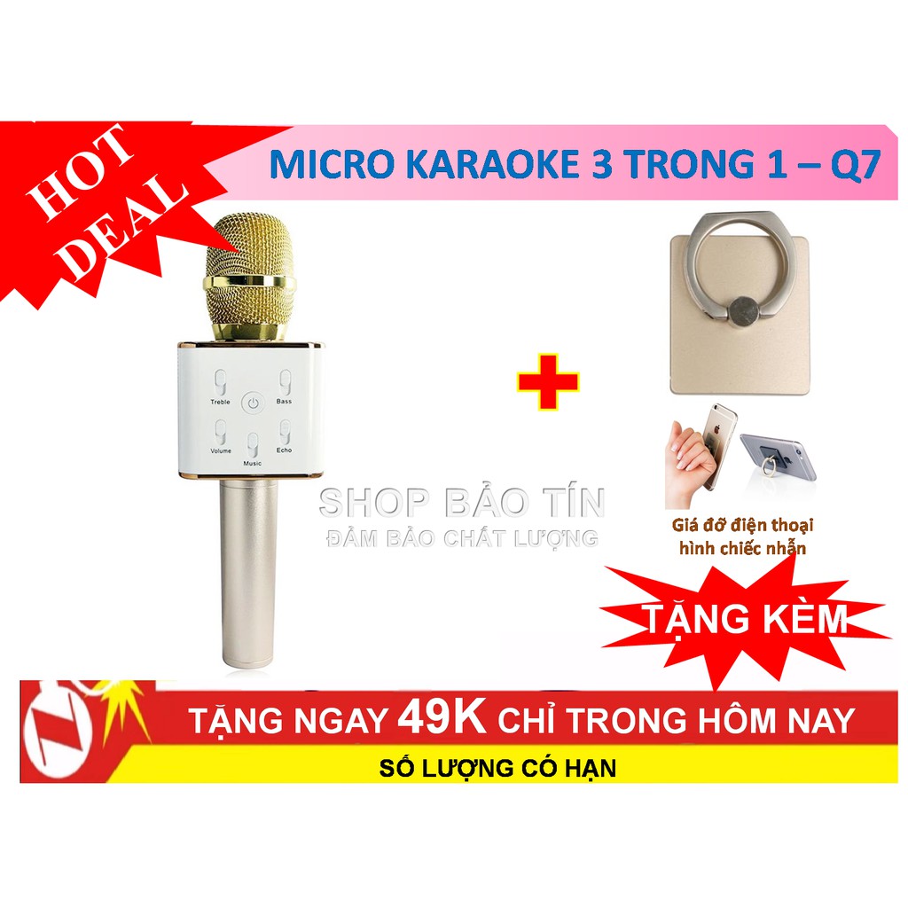 Micro hát karaoke Q7 kết hộ nghe nhạc co kết nối bluetooth tặng kèm giá đỡ điện thoại hình chiêc nhẫn thời trang