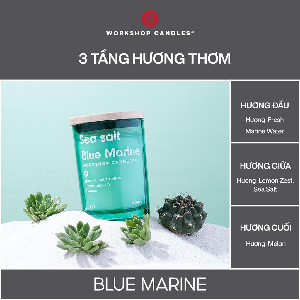 Nến thơm Blue Marine Sea Salt Workshop Candles H&amp;H Home 8 oz mùi hương biển khơi thanh mát