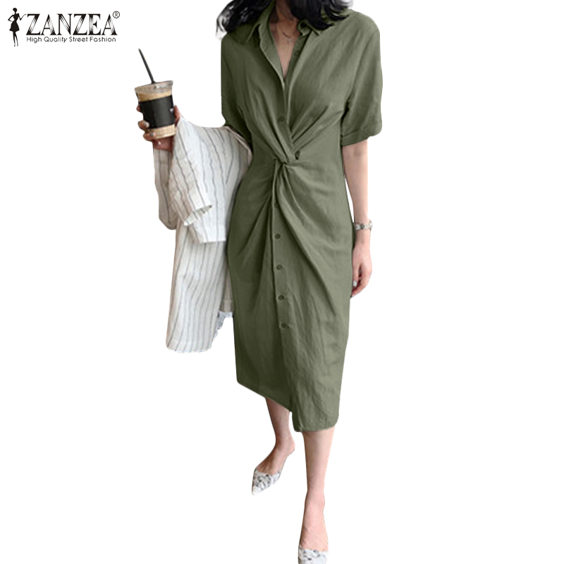 Đầm Công Sở ZANZEA Tay Ngắn Cổ Bẻ Không Đối Xứng Đơn Giản Dành Cho Bạn Nữ