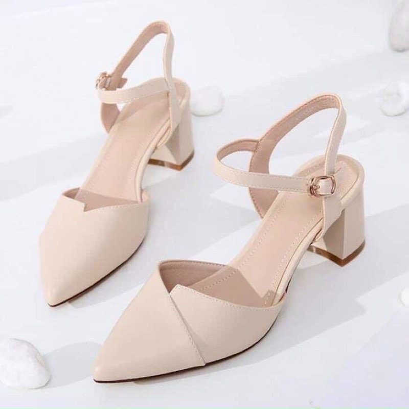 Giày công sở nữ, Sandal bít mũi nhọn gót vuông 6p da lì hàng xuất đẹp