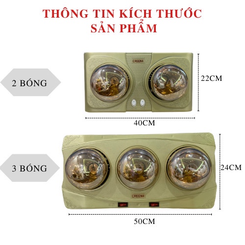 Đèn sưởi nhà tắm 2 bóng và 3 bóng Creen, công suất 825W, Bảo hành chính hãng 24 tháng