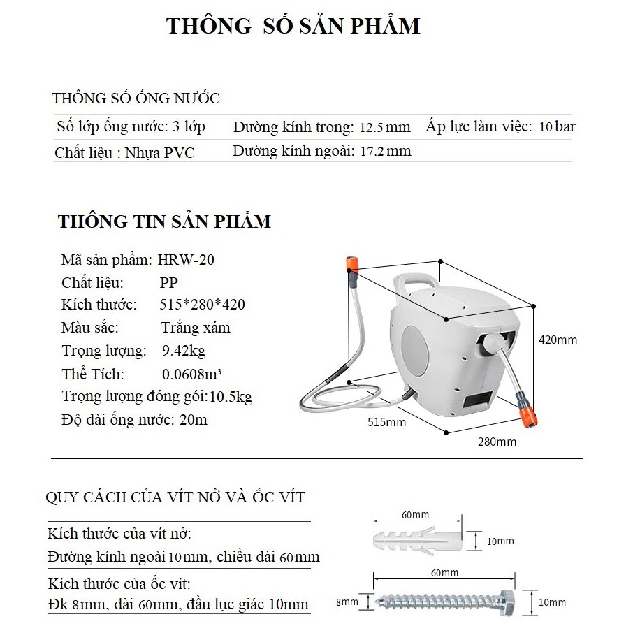 Rulo Cuộn Ống Nước Tự Thu 20M HRW20