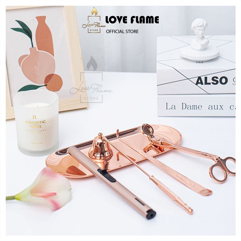 Bộ Phụ Kiện 5 Món Chăm Sóc Nến Thơm Love Flame Gồm Khay, Chụp, Kéo, Khều, Thắp Nến USB. Bộ 4, 5 món tặng túi phụ kiện
