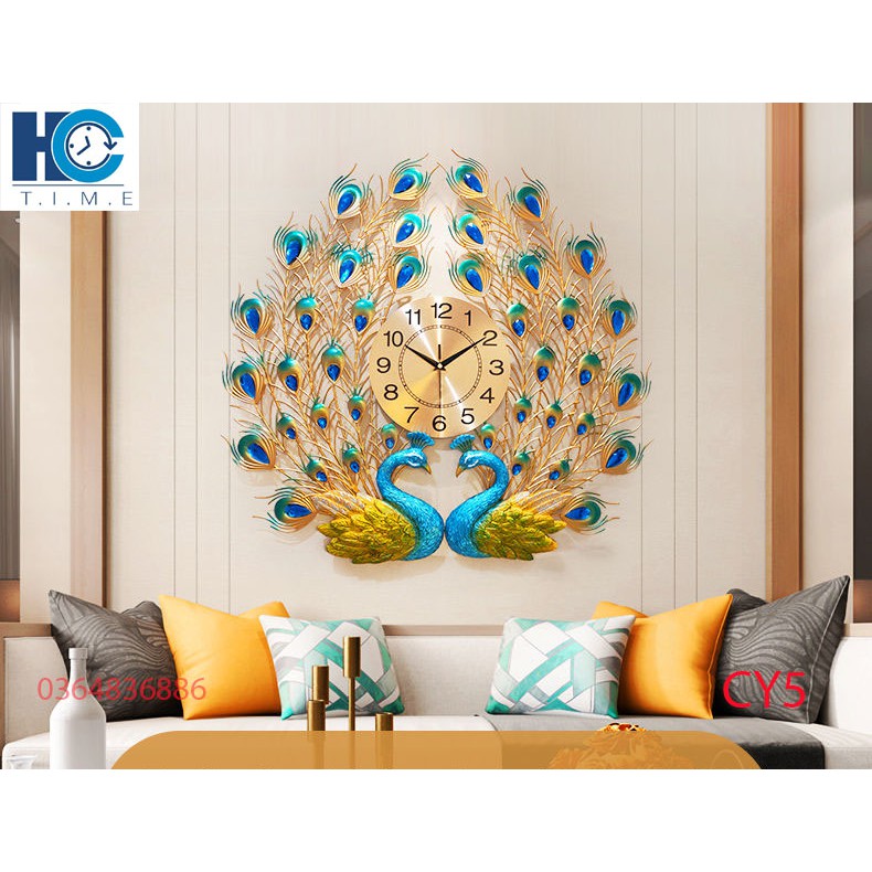 Đồng hồ treo tường trang trí chim công decor CY5 kích thước 70x65 cm