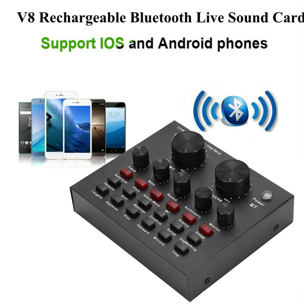 Sound Card V8 Thu Âm Mini Nhỏ Gọn, Tích Hợp Bluetooth, Pin 10H, Thu Âm, Karaoke, Live Stream Mọi Lúc Mọi Nơi Bảo Hành 6T