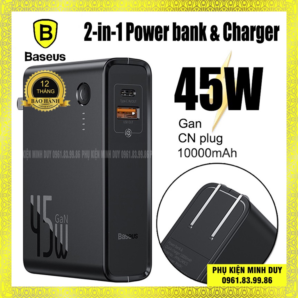 Củ sạc kiêm pin sạc dự phòng 2-in-1 Baseus GaN Power Station 45W 10.000mAh