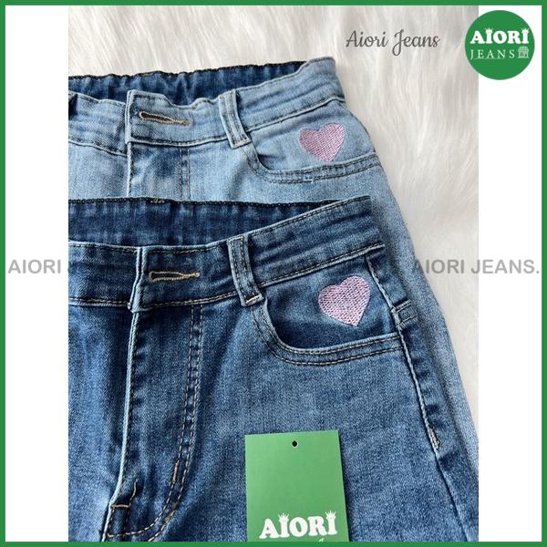 Quần Jeans Ống Đứng AIORI Lưng Cao Lai Kiểu Thêu Trái Tim_Mã E005