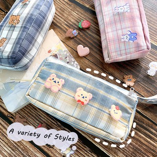 [Hàng Có Sẵn] Hộp Đựng Bút Bằng Vải Bạt Hai Lớp Sức Chứa Lớn Kẻ Sọc Caro Phong Cách JK Có Huy Hiệu Cho Học Sinh