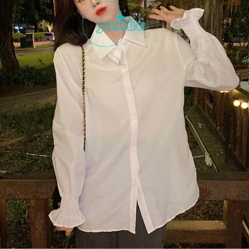 Áo sơ mi nữ Jumbo cổ vest kiểu hàn quốc dáng suông dài tay thiết kế bo ống