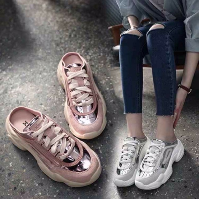 GIày Sục Nữ Ánh Bạc SỤC Đế Cao trắng Xinh nâng đế tôn dáng sục thể thao lười tiện lợi