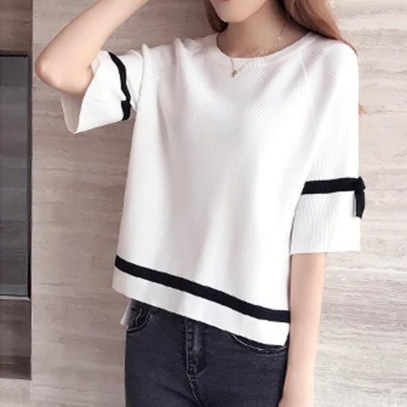Áo Thun Nữ Tay Ngắn Cổ Tròn Thắt Nơ Ống Tay