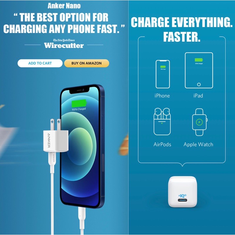 Củ sạc nhanh iPhone 12, iPad Pro, S10, S20, Note 10 ANKER POWERPORT III NaNo PIQ 3.0 20W - A2633