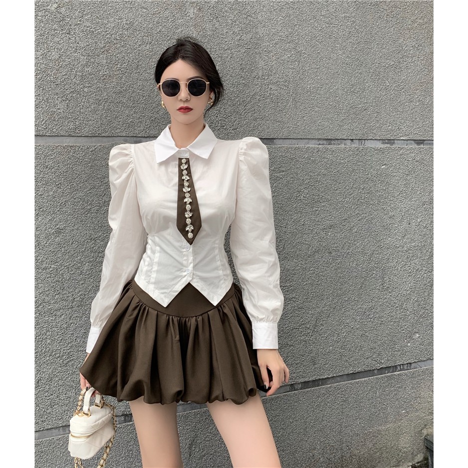 Set áo sơ mi cavat kèm chân váy ngắn dáng bồng thời trang