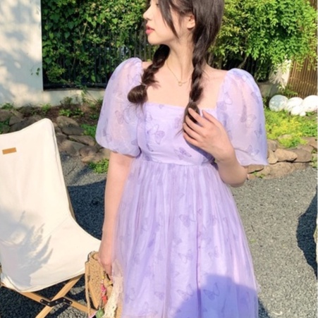 Đầm Ngắn Tay Phồng Chất Liệu Chiffon Thời Trang Mùa Hè Hàn Quốc Mới Cho Nữ