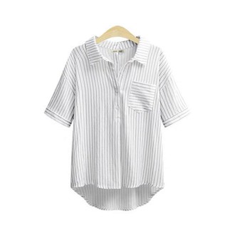 [CÓ SẴN] ÁO SƠ MI KIỂU BIGSIZE NỮ FORM CỔ BẺ TAY NGẮN NỀN TRẮNG SỌC TINH TẾ - HIMISTORE - HM256