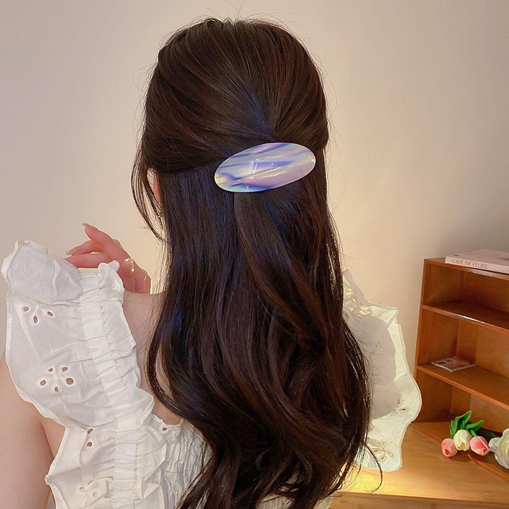 Kẹp Tóc Hình Oval Họa Tiết Kẻ Sọc Màu Ngà Thanh Lịch Cho Nữ