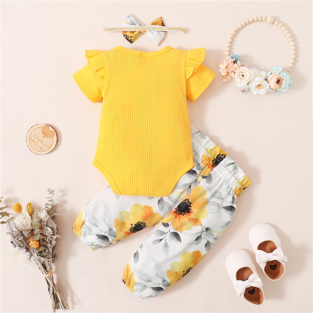 Set đồ 3 món Mikrdoo gồm áo liền quần cotton tay ngắn + quần dài in họa tiết hoa + băng đô nơ cài tóc cho bé gái sơ sinh