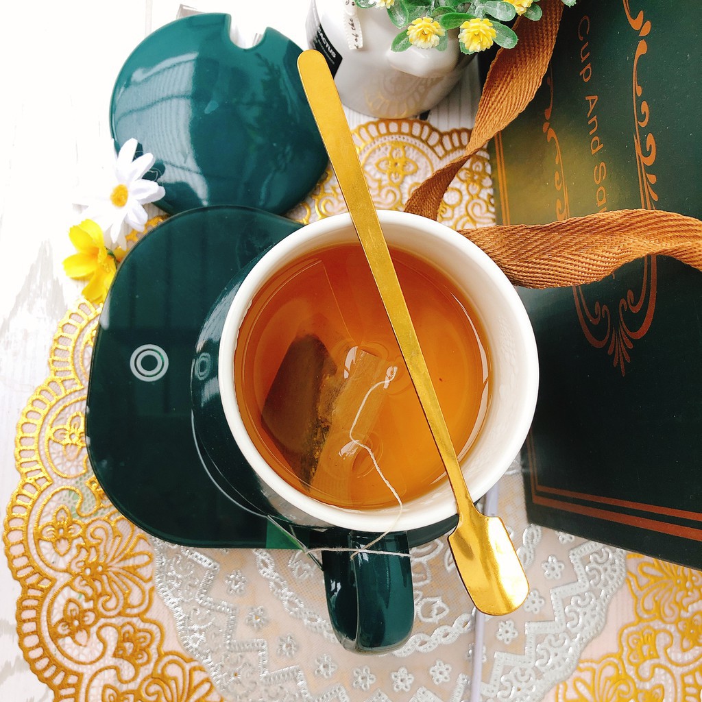 Bộ Hâm Nóng Đồ LUCKY  Giữ Nhiệt Hâm Nóng Đồ Uống 460ml Gồm Cốc, Đế Điện, Thìa Mạ Vàng Sang Chảnh