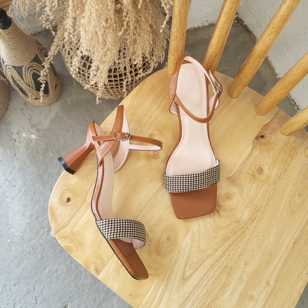 Giày sandal cao gót quai ngang basic gót nhọn 7cm đi học đi chơi đi làm Cillie 1023