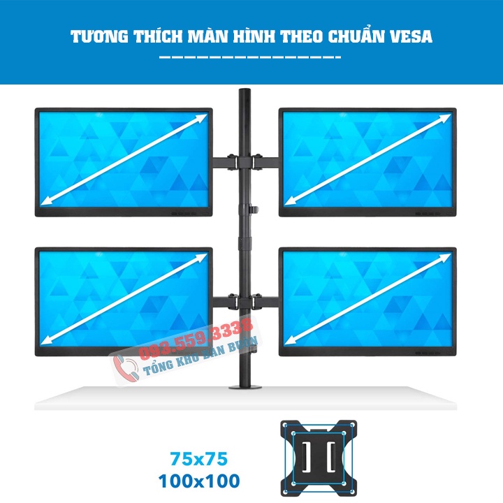 Giá Treo 4 Màn Hình Máy Tính 17 - 27 Inch M054 Xoay 360 Độ - Tải Trọng 8Kg 1Tay - Tay Treo Bốn Màn Hình Lắp Đặt Kẹp Bàn