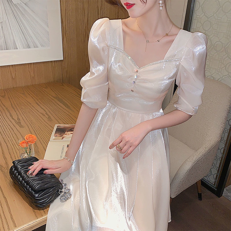 Đầm Trắng Dáng Dài Tay Ngắn Phối Lưới Thời Trang Mùa Hè 2021 Phong Cách Pháp Cho Nữ