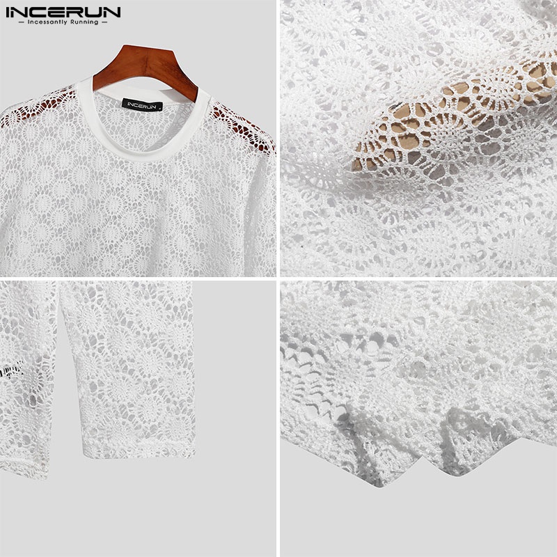 INCERUN Áo Thun Tay Dài Cổ Tròn Phối Ren Xuyên Thấu Thời Trang Cho Nam