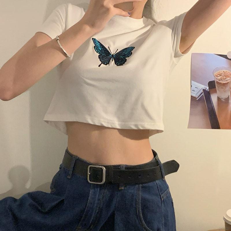 Áo Thun Tay Ngắn Thêu Hình Bướm Phong Cách Retro Hàn Quốc