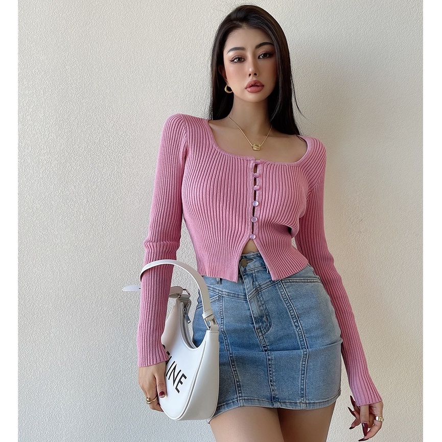 QKOOLE  Áo croptop Dệt Kim Dáng Ôm Phong Cách Hàn Quốc Cổ Điển Thời Trang Cho Nữ áo khoác