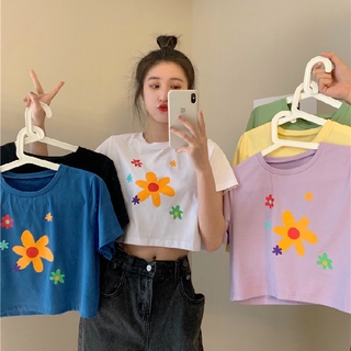 Áo croptop ngắn tay in hoa phong cách Hàn Quốc năng động cho nữ